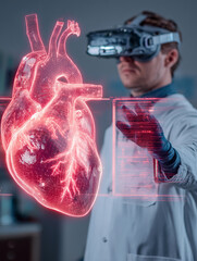 Doctor using virtual reality with holographic heart simulation