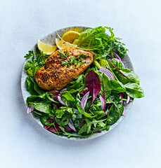 Chicken breast with mixed leaf salad on a plate. Top vie