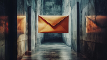 Surreal floating envelope illuminated in dark abstract space