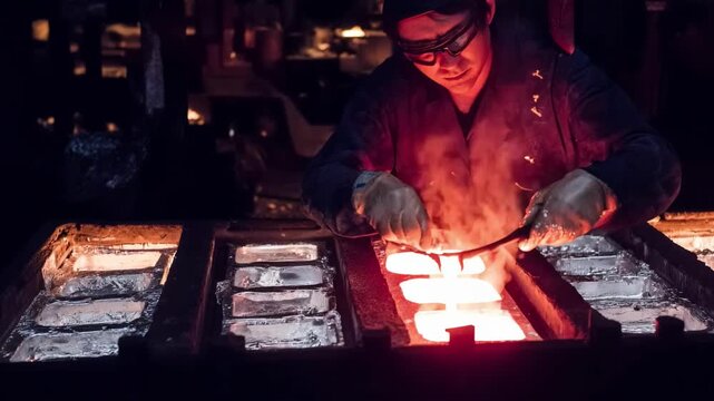 Skilled technician dips steel components into molten zinc bath during hotdip galvanizing process enhancing corrosion resistance and durability with a protective metal coating.
