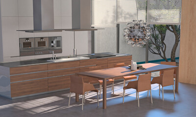 Modern interior of kitchen with living room. 3d render