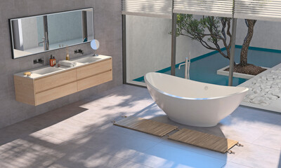 Современный интерьер ванной комнаты с деревянной отделкой в ​​эко-стиле. 3D-визуализация.	