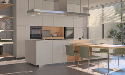Modern interior of kitchen with living room. 3d render