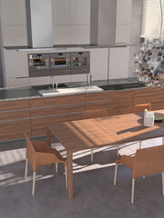 Modern interior of kitchen with living room. 3d render
