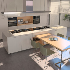 Modern interior of kitchen with living room. 3d render