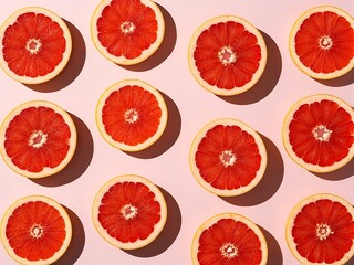 Freshly cut grapefruit slices on pink background