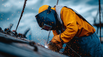 Industrial welder working on ship hull from suspended platform
