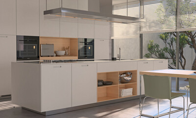 Modern interior of kitchen with living room. 3d render