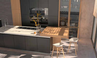 Modern interior of kitchen with living room. 3d render