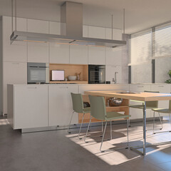 Современный дизайн интерьера дома: кухня и гостиная. 3D-визуализация.