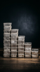 Stacked silver bars increasing in height on dark background