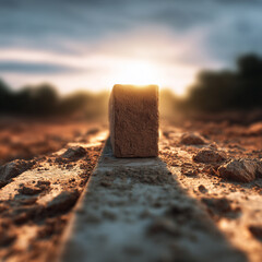 Single brick laid on strong foundation at rural construction site