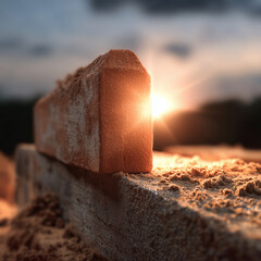 Single brick laid on strong foundation at rural construction site