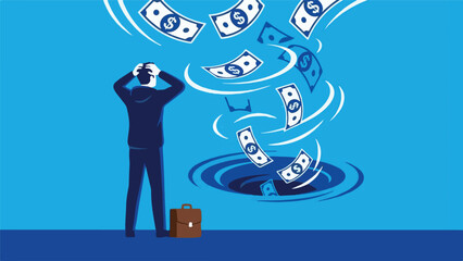 Man distressed as money flows into a financial drain, symbolizing loss