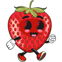 cute strawberry cartoon mascot character walking smiling vector illustration, work of hand drawn