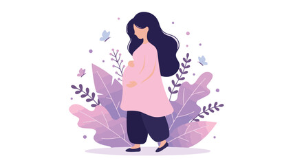 Flat illustration of pregnant woman in nature, embracing motherhood journey