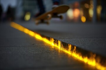 Skateboarder jumps over glowing line on urban street during evening hours with city lights in background