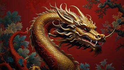 Chinese golden dragon statue sculpture displayed in a traditional temple setting symbolising Asian culture and mythology