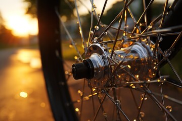 Fototapeta premium Close view of bicycle wheel hub with sunlight shining in the background during evening hours