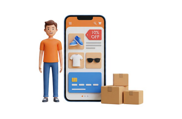 Character standing next to mobile phone showing online shopping application with products and delivery boxes