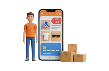 Character standing next to mobile phone showing online shopping application with products and delivery boxes