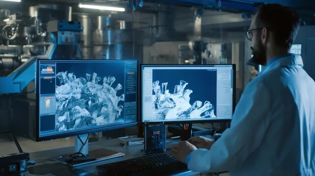 Medium shot of inspector analyzing xray scan of complex casting to detect internal flaws in industrial lab