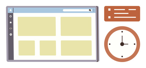 Time management, productivity tools, scheduling, online tasks, digital planning, organization. Web browser interface, task list and clock. Time management and productivity tools concept
