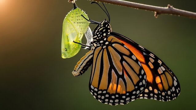 Monarch butterfly emerging from chrysalis.