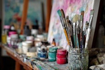 Fototapeta premium Art supplies on display in a studio with paintbrushes and jars during a creative session