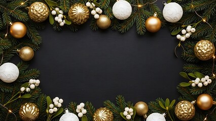 Christmas decoration frame with golden bauble on black background