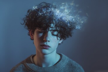 Boy with curly hair and glowing thoughts in a creative visual representation in low light setting