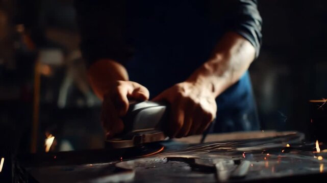 Medium shot of a worker grinding excess metal off a freshly cast part sparks flying as precision fettling cleans the surface for a smooth finish.