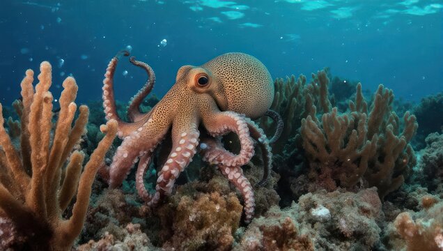 Octopus in its natural habitat surrounded by coral reef.