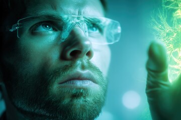 Scientist examines glowing substance in laboratory setting during nighttime