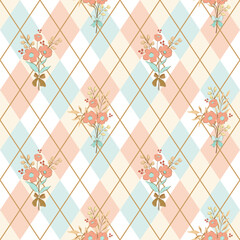 Sweet Floral Argyle bow Seamless pattern. The soft pastel colors and playful layout make it perfect for girly textiles, nursery prints, baby shower decorations, scrapbooking, wrapping paper