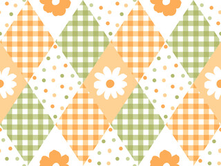 Sweet Floral Argyle Seamless pattern. The soft pastel colors and playful layout make it perfect for girly textiles, nursery prints, baby shower decorations, scrapbooking, wrapping paper, orange, green