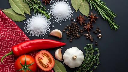 Fresh ingredients and spices on dark background