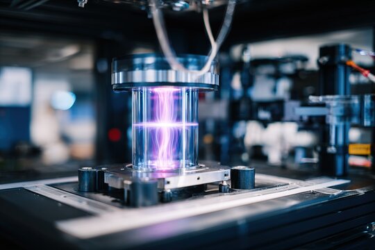 Electric arc inside a glass chamber in a lab setting showing energy movement and scientific equipment in operation