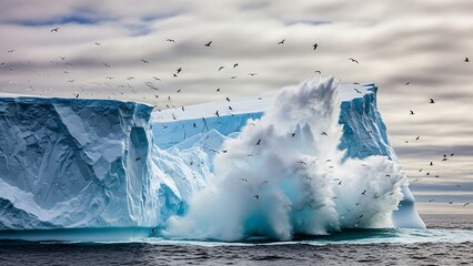 Large blue iceberg in ocean waves.