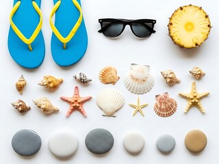 Summer essentials and beach accessories on white background