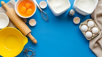 Baking essentials on blue background with eggs and flour