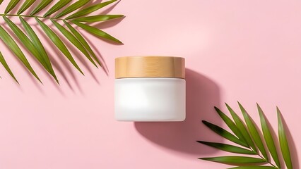 Natural skincare product with palm leaves on pink background