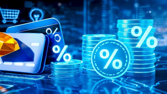 Luxury Digital Banking Card with Diamond and Reward Coins on Glowing Circuit Board with Cool Blue Neon Lighting and Smooth Camera Pan