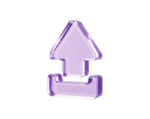 Glassy purple 3d upload arrow icon with transparent material and glossy finish