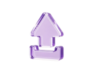 Glassy purple 3d upload arrow icon with transparent material and glossy finish