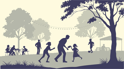 Summer Family Picnic Silhouette Father Playing with Children in Sunny Park Outdoor Recreation Activity for Lifestyle Advertising