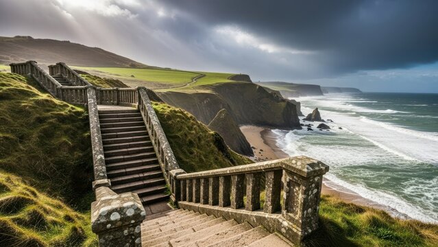 Dramatic Coastal Landscape with Stone Staircase Leading to a Secluded Beach. - Powered by Adobe