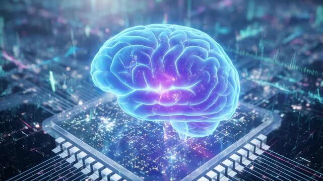 Artificial intelligence hardware concept with glowing brain on microchip symbolizing ai growth in stock market technology circuit innovation