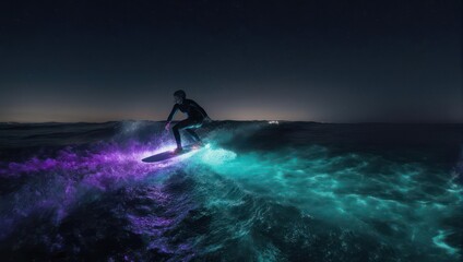 Obraz premium Night Surfing with Bioluminescent Waves - A Glowing Ocean Adventure.
