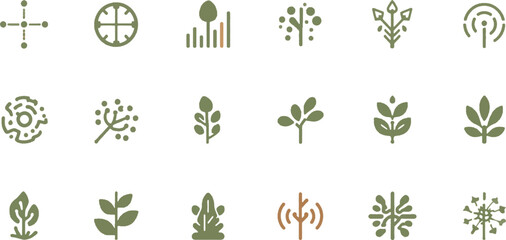 Set of minimalist botanical icons, nature symbols, abstract technical diagrams, and green plant elements for eco-branding